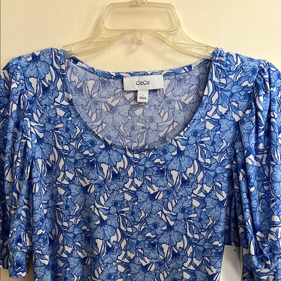 CeCe Blue and White Puff Sleeve Fitted Blouse - Picture 5 of 7